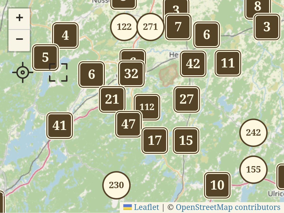 Utdrag ur IGLABOs Berättelsekarta med berättelser och grupper av berättelser utmärkta i Västsverige.