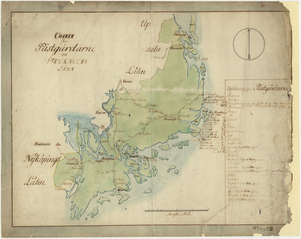1700 mitt Postkarta över postgårdarna i Stockholms län under 1700-talets mitt – historisk karta