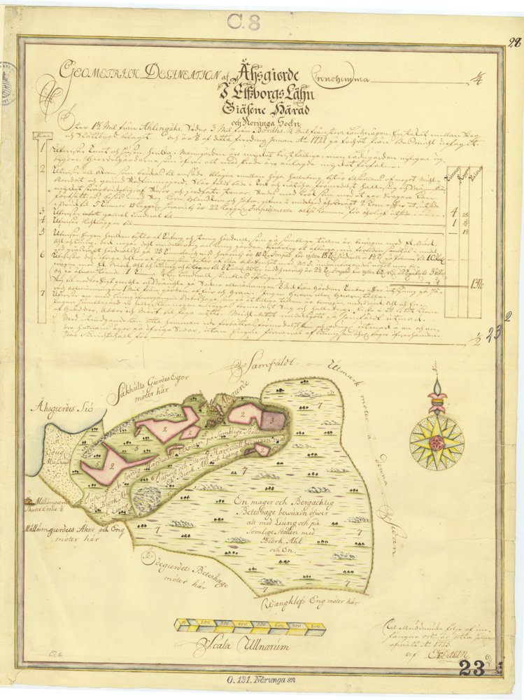 Nårunga Åsgärde 1725 ritad 1721 – historisk karta