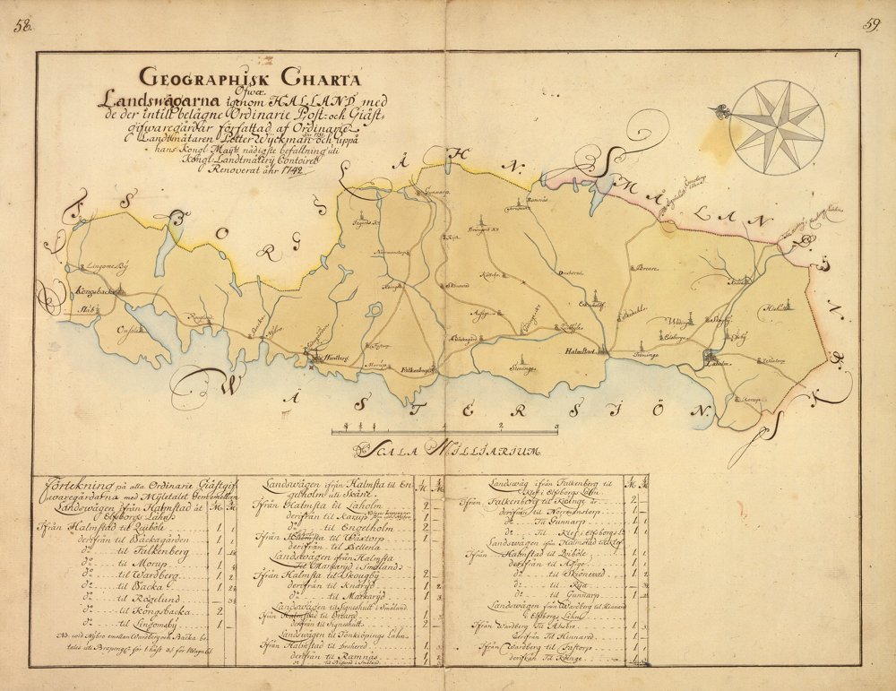 1742 Landsvägarna genom Hallands län – historisk karta