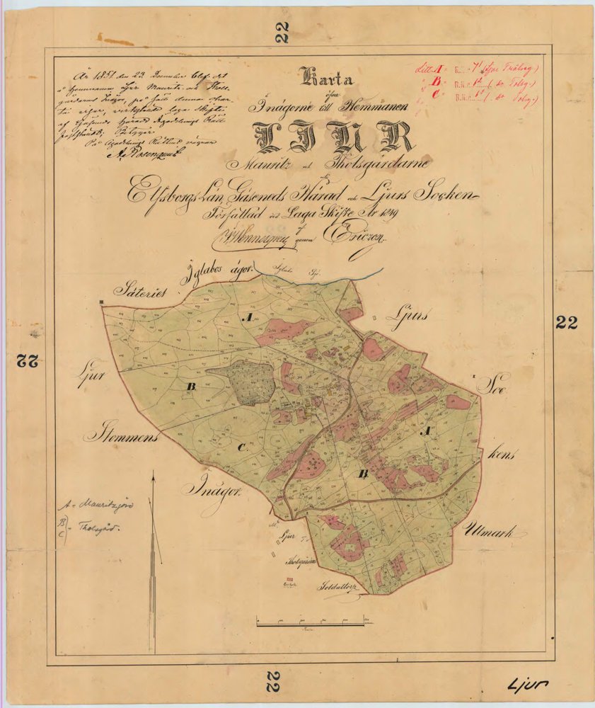 1849 Ljur Thols oh Mauritzgården Laga skifte – historisk karta
