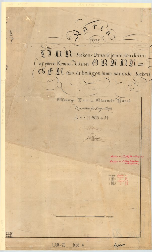 1853 Ljurs sockens utmark laga skifte Blad A – historisk karta