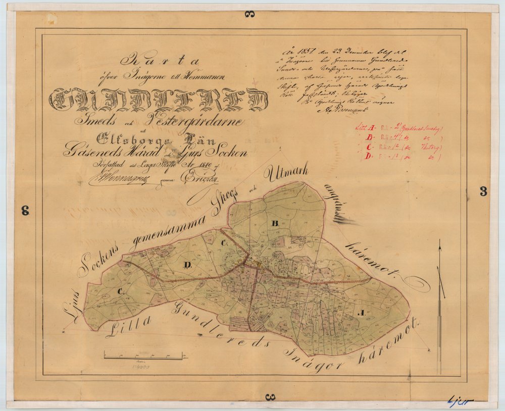 1851 Ljur Gundlered Smeds och Västergårdarna – historisk karta