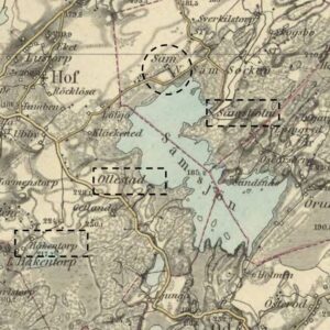 1885 Sämsjön med Ollestad och Sämsholm utmärkta – historisk karta