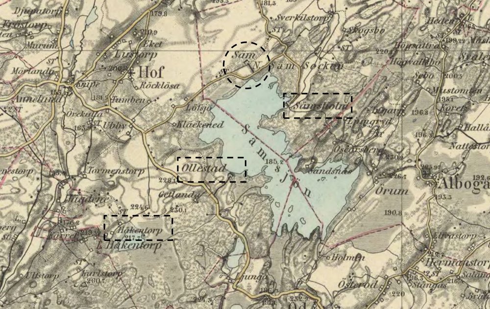 1885 Sämsjön med Ollestad och Sämsholm utmärkta – historisk karta