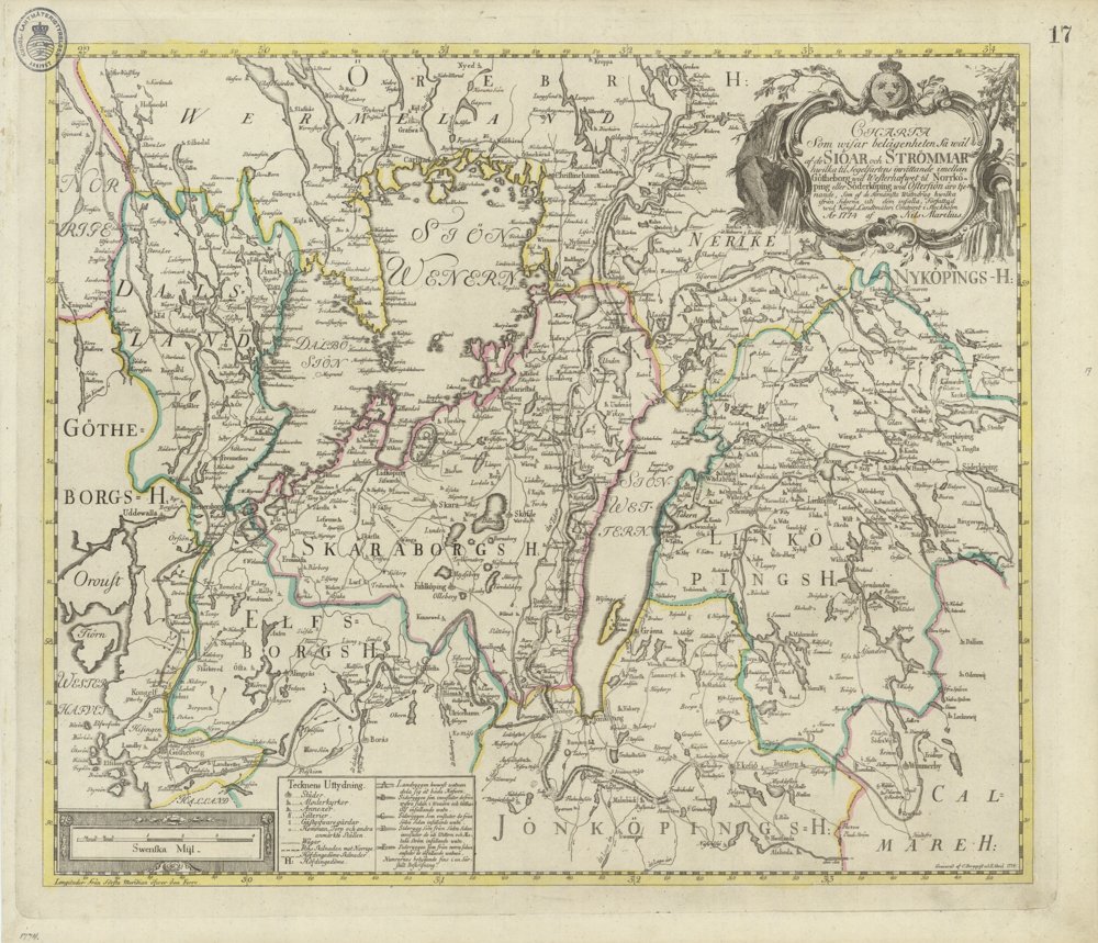 1774 Göteborg till Norrköping strömmar för sjöfarten – historisk karta
