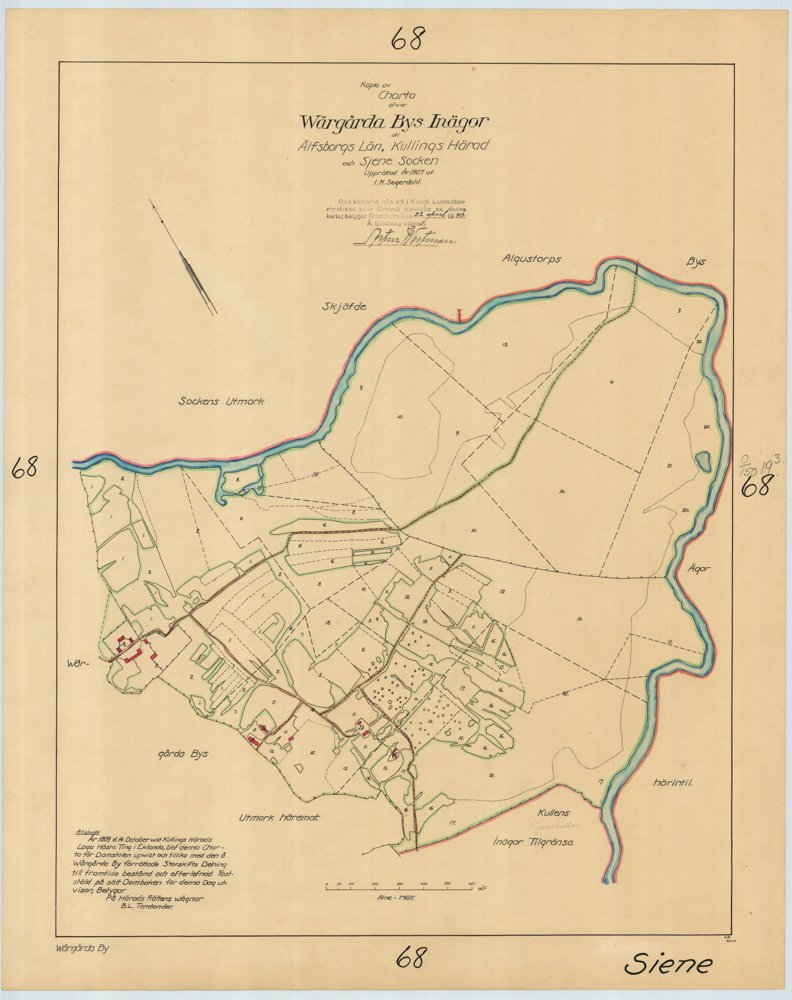 1807 Vårgårda bys inägorsa A Västergården B Nolgården C Sörgården D Mellomgården A B C Sven Kullman – historisk karta