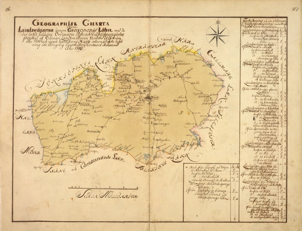 1740 Landsvägarna genom Kronobergs län – historisk karta
