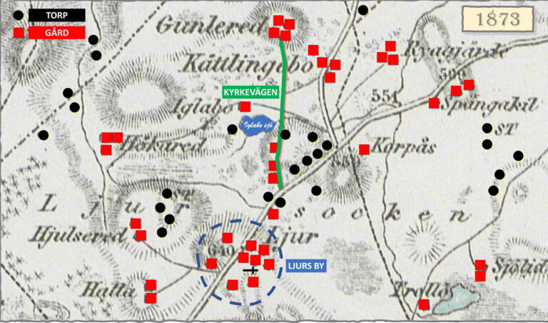 Kyrkevägen i Ljur på en karta från 1873